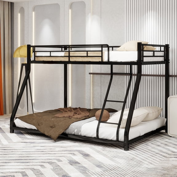 Harper & Bright Designs Twin Over Full Bunk Bed with Ladder, Metal Bunk Bed Frame with Full-Length Guardrail for Bedroom, Black
