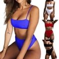 thumbnail image 4 of 1 Set Bikini Set Solid Color Three-point Elastic Spaghetti Strap Lady Swimsuit for Swimming, 4 of 7
