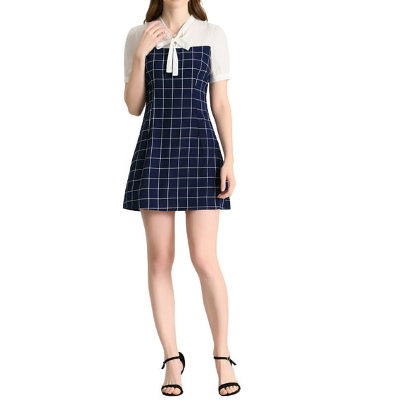 INSPIRE CHIC Women's Plaid Tie Neck Contrast Panel Puff Short Sleeve Dress