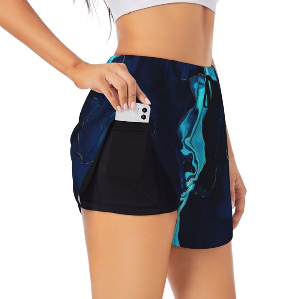 Balery Blue Marble And Gold Pantalones cortos deportivos para mujer con forro y dos bolsillos, elásticos, para entrenamiento, gimnasio, yoga-Medium