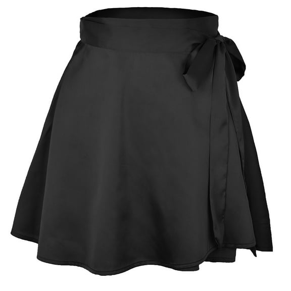 SDFGTstore Women High Waist Satin Tie Wrap Solid Color A-Line Pleated Flared Hem Mini Skirt