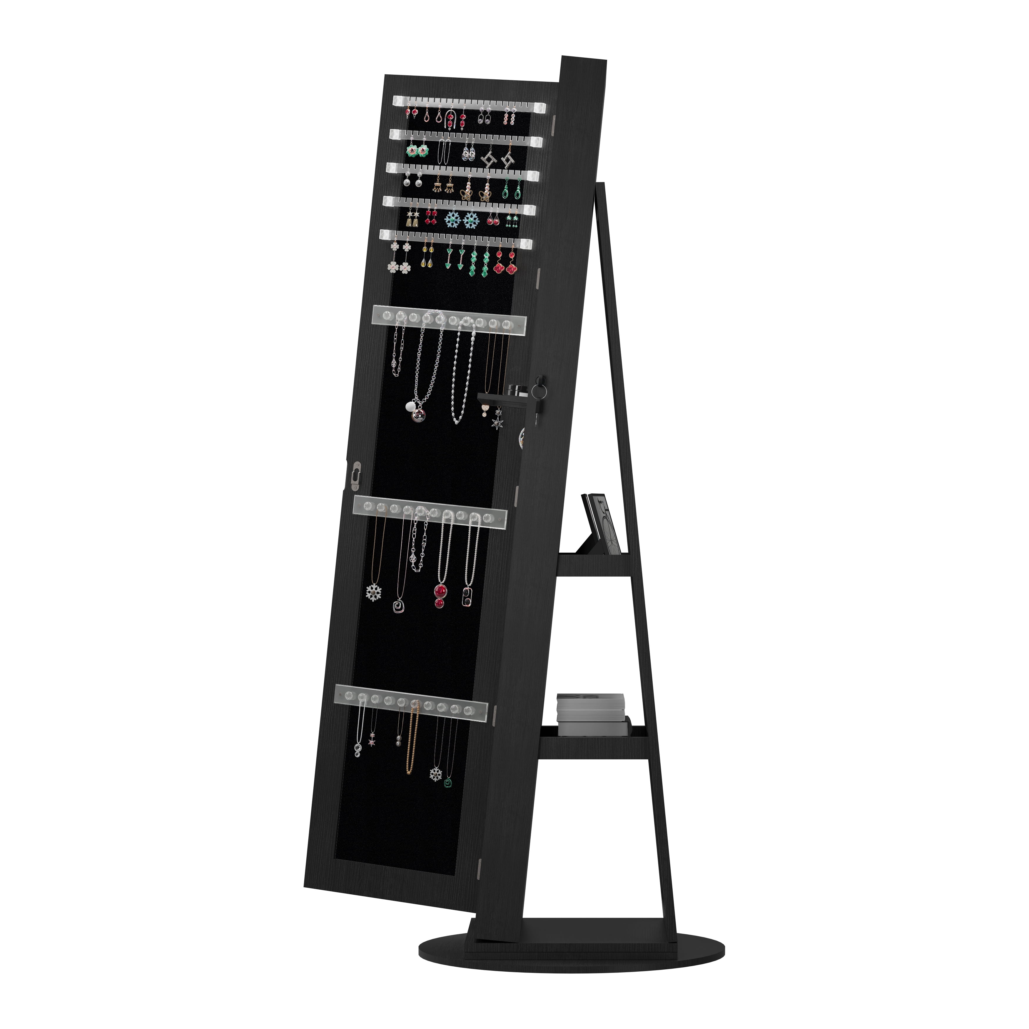 Jewelry Cabinet, Rotating Jewelry Armoire, Full Length Mirror with 360° Swivel Base, Lockable Storage, 30 Necklace Hooks, Ring Slots, Acrylic Shelf, Black for Bedroom Closet Dressing Room