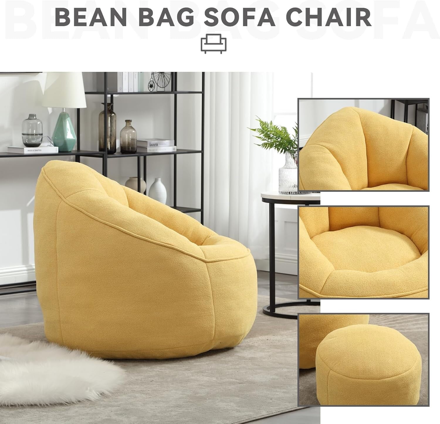 Bean Bag Chair for Adult,Microfiber Upholstered Sofa with Footstool Shell-Shaped Memory Foam Stuffed Lazy Sofa