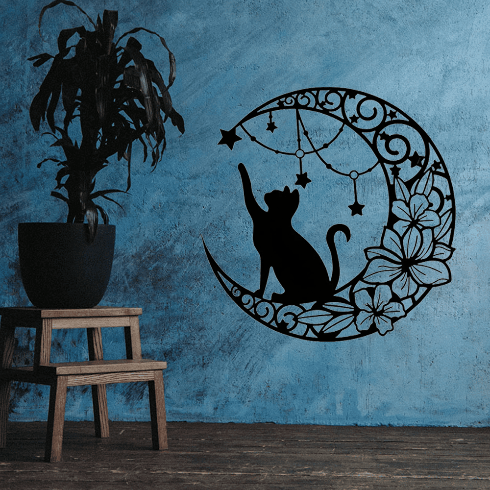 Gothic Black Cat Metal Wall Art Vintage Iron Decor for Halloween Garden Patio Living Room