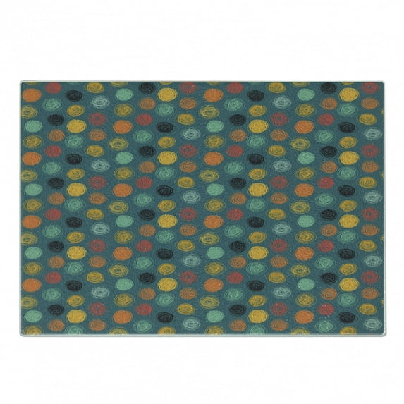 Modern Cutting Board, Geometrical Sketchy Abstract Image with Colorful Circles on Jade Green Backdrop, Decorative Tempered Glass Cutting and Serving Board, Small Size, Multicolor, by Ambesonne