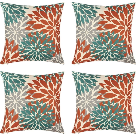 Blue and Orange Floral Throw Pillow Covers 20x20 inch Set of 4 Outdoor and Indoor Farmhouse Decorative Linen Pillow Cover for Patio Garden Living Room Bed Sofa