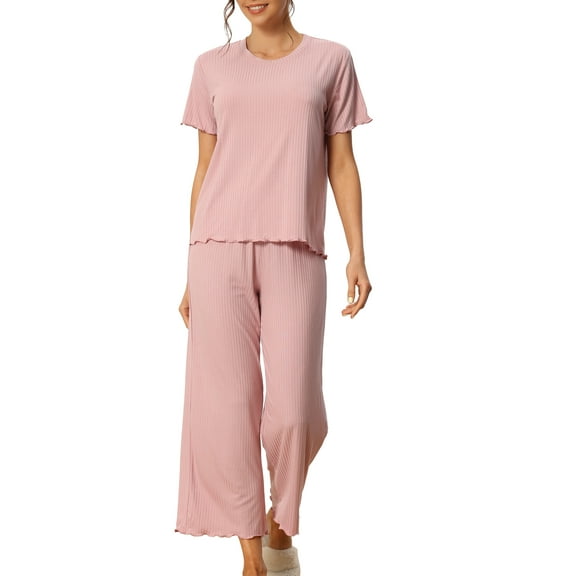 INSPIRE CHIC Women's Pajama Sets Round Neck Short Sleeve Solid Ribbed Casual Sleepwear Ladies Pajamas M Pink