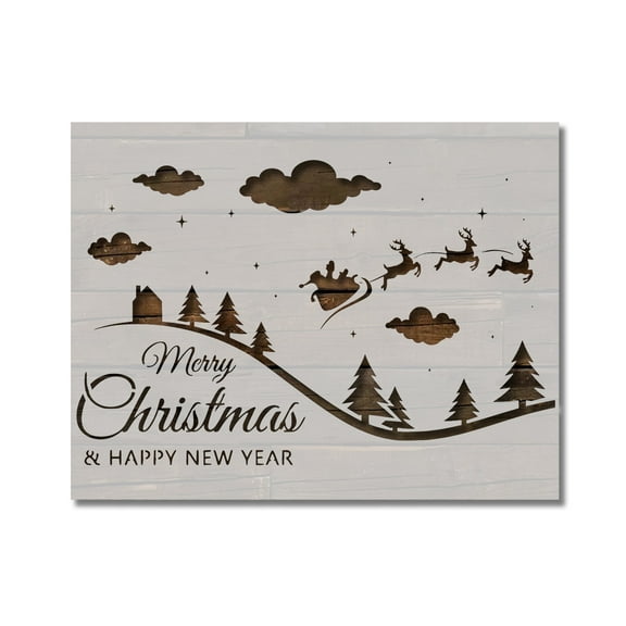 Merry Christmas Santa Sleigh Reindeer Stencil Template Reusable 8.5 x 11 Inches for Painting on Walls, Wood, Arts and Crafts by Stencilville