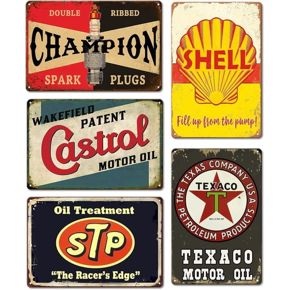 MORAVE 5 Pces 8×12 Inch Vintage Retro Metal Tin Signs, Garage Old Car Shop Oil And Gas Station Posters, Wall Decorations Man Cave Decor For Men