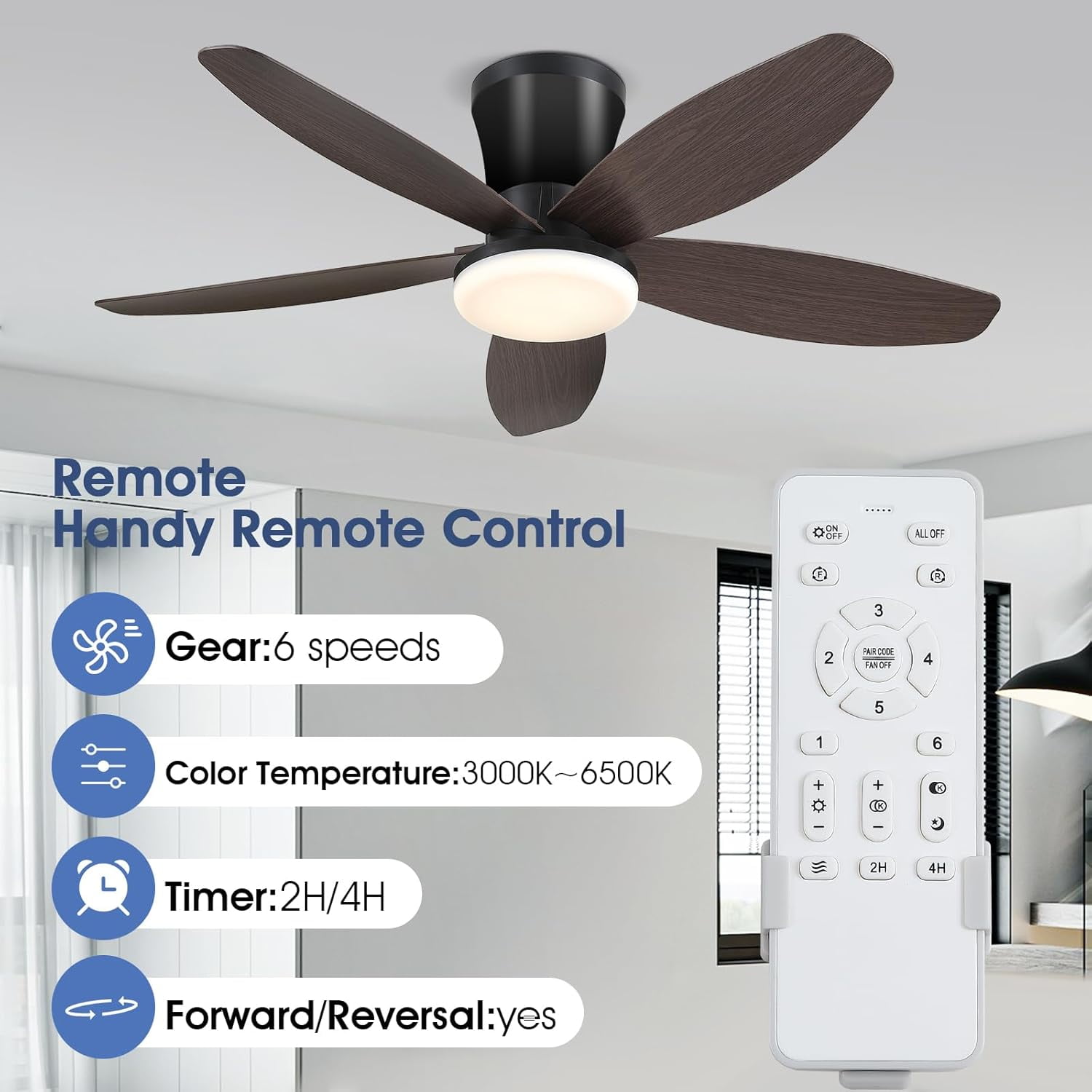 Phorus 36" Low Profile Ceiling Fan with LED Light, Remote/APP Control, Quiet Reversible DC Motor, Dimmable Modern Ceiling Fan for Bedroom, Brown