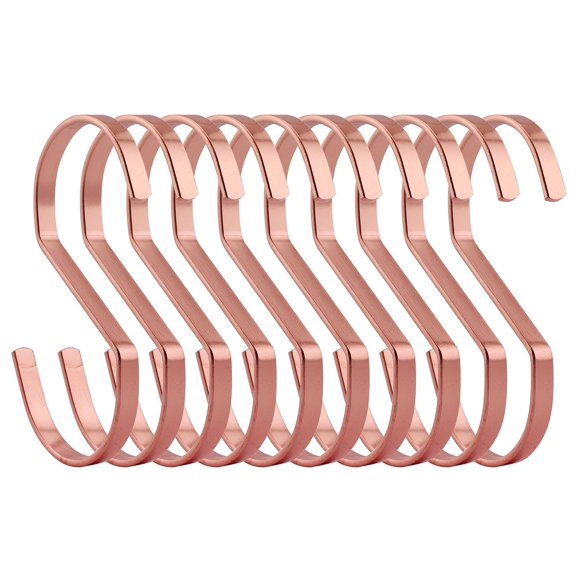RuiLing 10-Pack 4 Inch Rose Gold Chrome Finish Steel Hanging Flat Hooks - S Shaped Hook Heavy-Duty S Hooks, for Kitchenware, Pots, Utensils, Plants, Towels, Gardening Tools, Clothes.
