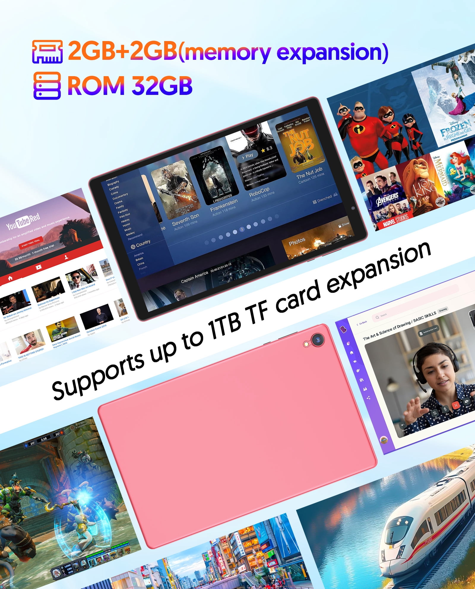 Android Tablet, 10 inch Android 14 Tablet, Quad-core CPU, RAM 4GB（2G+2G）, ROM 32GB (Up to 1TB), 800x1280 IPS, WiFi 6, 2MP+2MP, 6000mAh, Pink