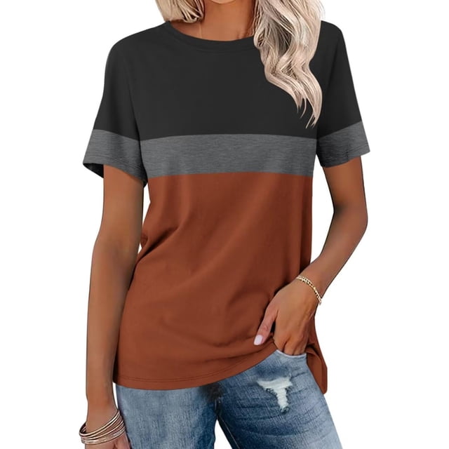 UPPADA Women's Color Block & Solid Color Tops Short Sleeve Crew Neck T Shirts Summer Casual Tees Flowy Trendy Blouses Orange,XL