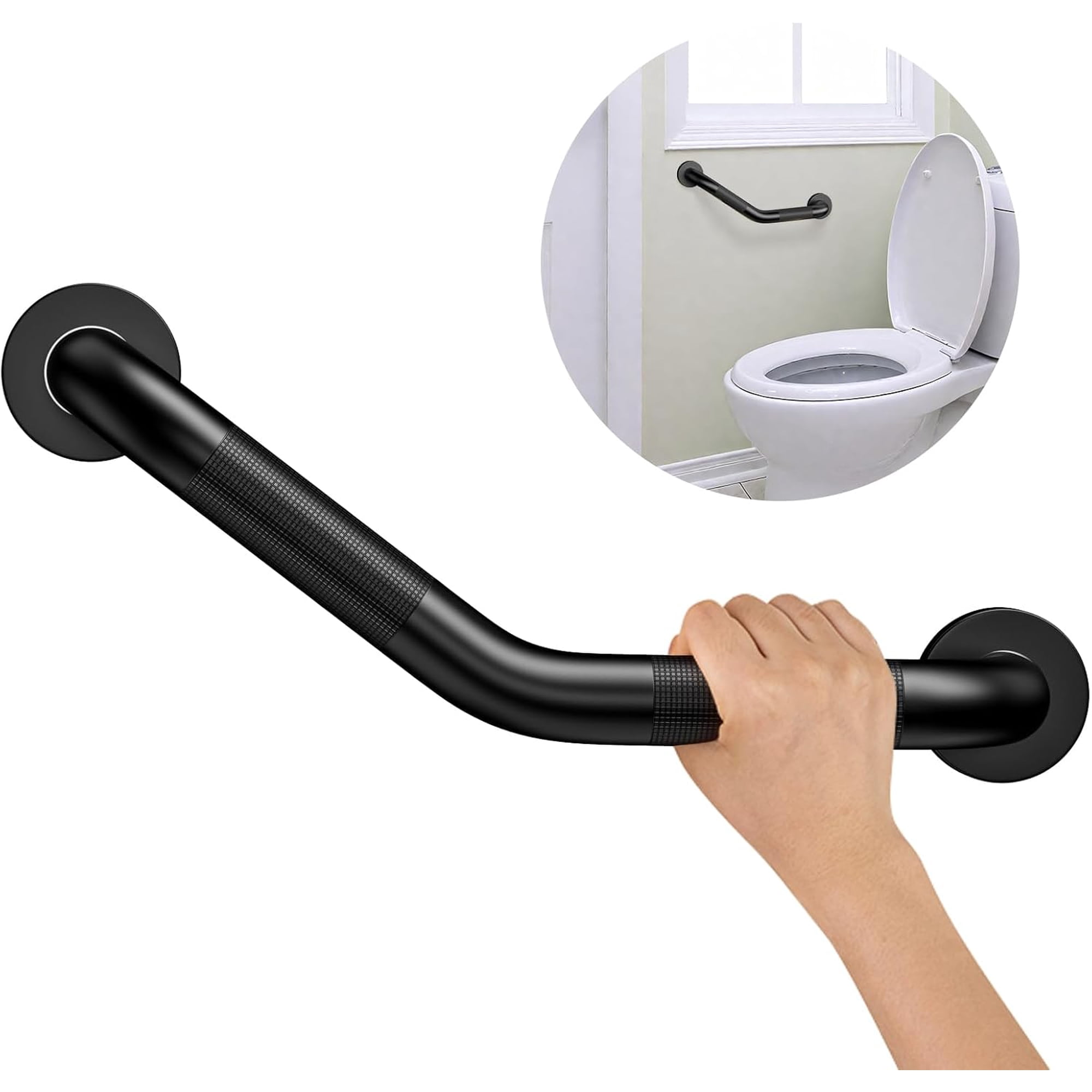 16 Inch Angled Shower Grab Bar,Black Anti Slip Bathroom Grab Bar, Knurled Bathroom Balance Bar,Safety Hand Rail Support Handicap Elderly Injury Senior Assist Bath Handle