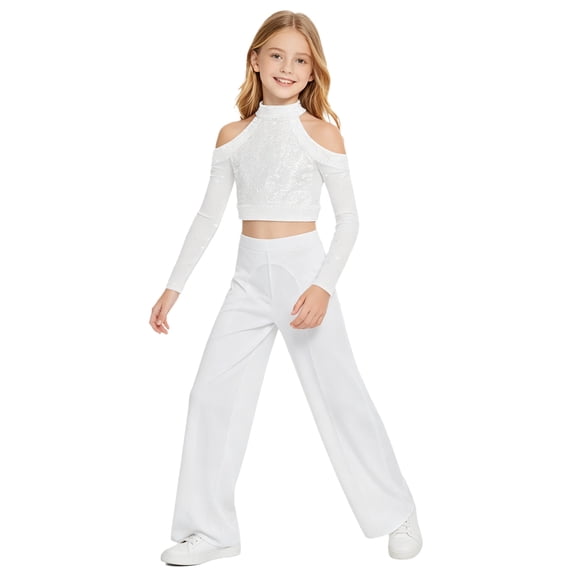 Aiihoo Kids Girls Jazz Dance Outfit Shiny Sequins Cold Shoulder Long Sleeve Crop Top with Mesh Wide-leg Pants Lyrical Ballet Outfit Silver 8