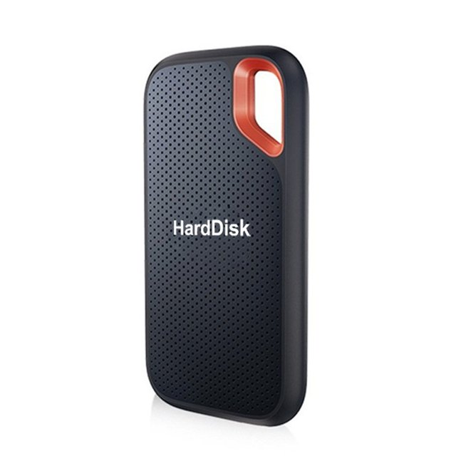 unidad de estado sólido portátil ssd externa de 1 tb, vista frontal centrada de un SSD negro con superficie punteada y hueco de agarre naranja en la esquina superior, texto 'HardDisk' en el frente, carcasa de plástico resistente a golpes y arañazos, interfaz USB 3.1 tipo C compatible con USB 2.0 y formato exFAT para Windows; a menudo usado para copias de seguridad y transferencias rápidas de archivos.