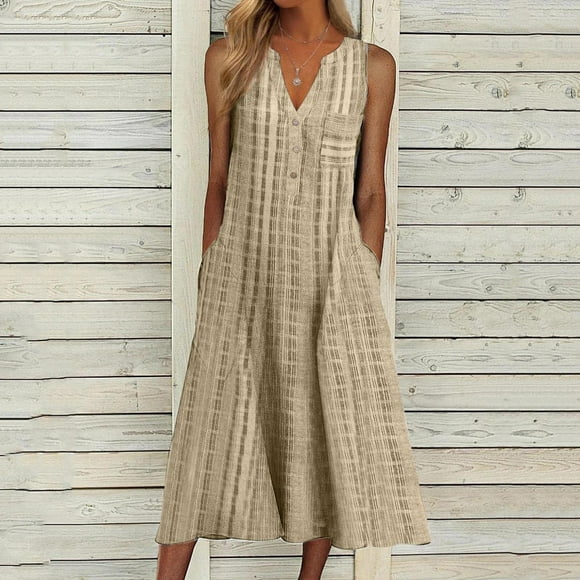 SMihono Summer Boho Maxi Dress for Women Plus Size Women's Fashion Casual Sleeveless V-Neck Button Striped Print Pocket Maxi Dress Beach Swing Sundress