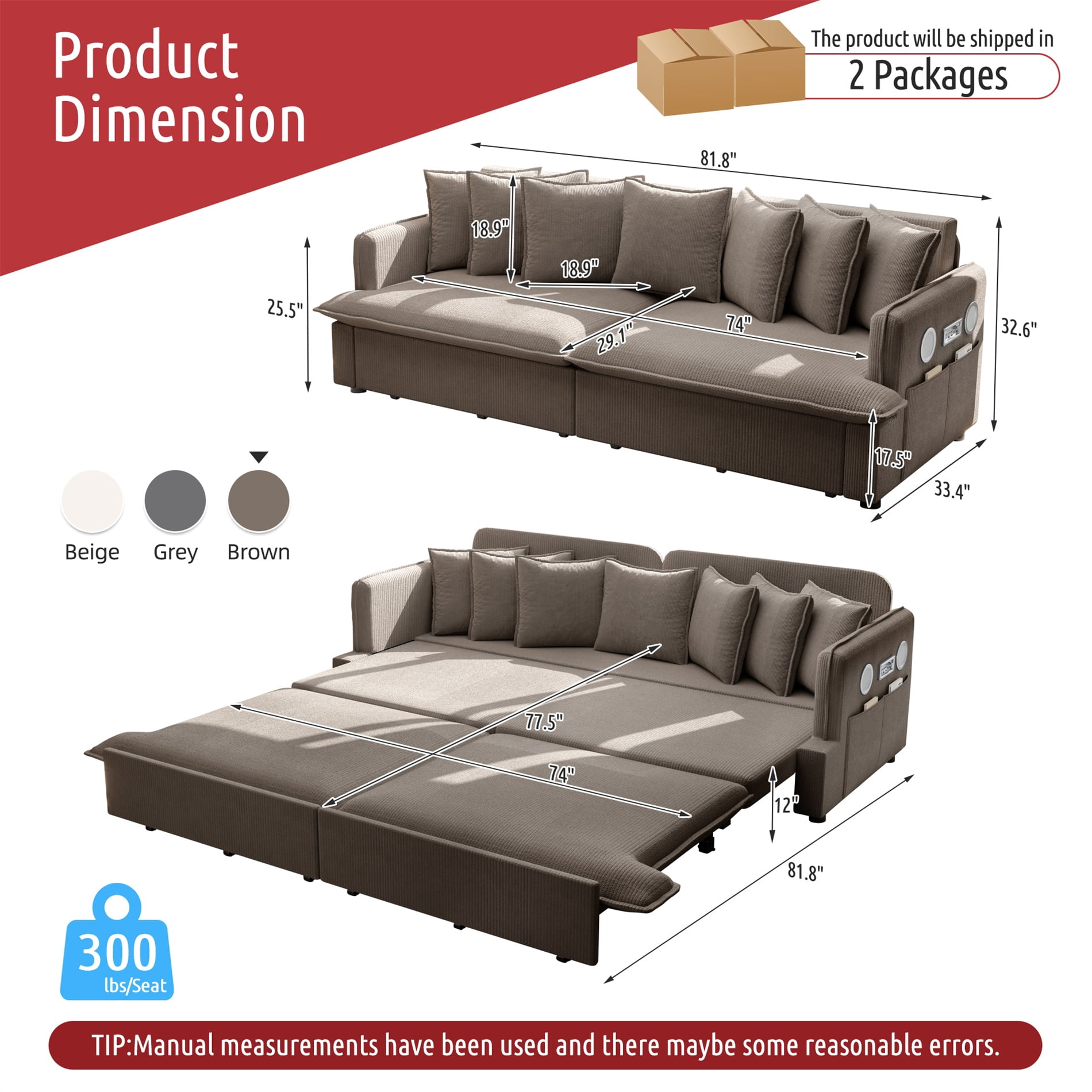 Alvantor 3 in 1 Convertible Sleeper Sofa Bed, 82" W Pull Out Sofa Bed with Bluetooth Speakers, USB Ports for living room, Apartment, Brown