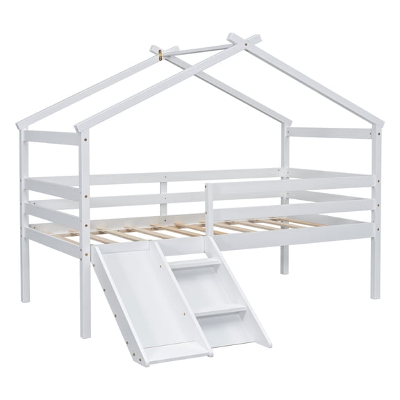 Twin Low Loft House Bed with Slide, Ladder, Safety Guardrails, House Roof Frame, White