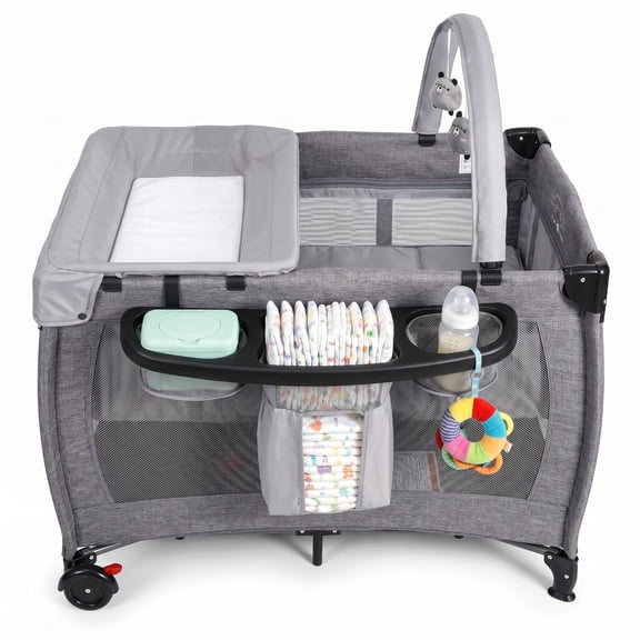 SACVON Baby Playard with Detachable Infant Bassinet and Changing Table, Foldable Travel Play Yard with Storage Basket and Wheels, Gray