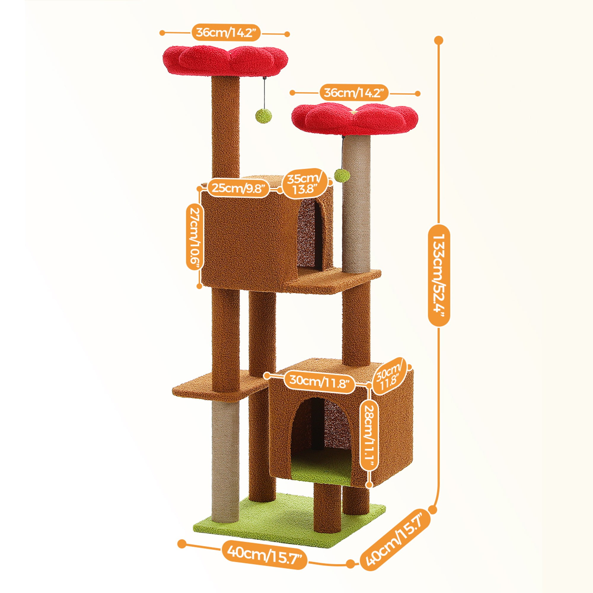 Kadyn 52" Cat Tree Tower with 2 Scratching Posts, 2 Perches, 2 Caves, Pompoms, Multi-Level Plush Cat Condo for Indoor Cats, Brown