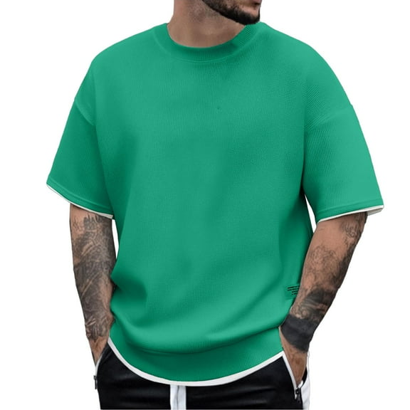 Fashion Top for Men - Men's Casual Crew Neck T-Shirt Everyday Wear Stylish Two Layer Design Fabric Outfits Relaxed Comfort Pairing with Pants Casual Shirts,Green,L
