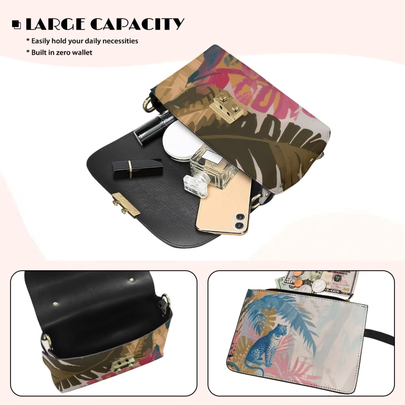 Pzuqiu Abstract Print Crossbody Bags Leather Women Vintage Trendy Small Leather Crossbody Bags for Women Metal Chain Strap Lightness for Party and Special Occasions