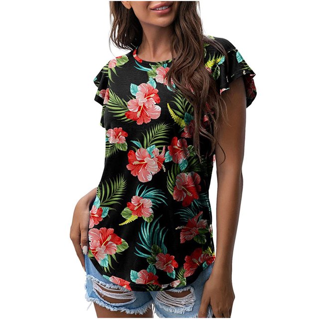 Camiseta divertida de manga corta con cuello redondo para mujer, camiseta estampada de manga corta con volantes OAVQHLG3B Store lin121212