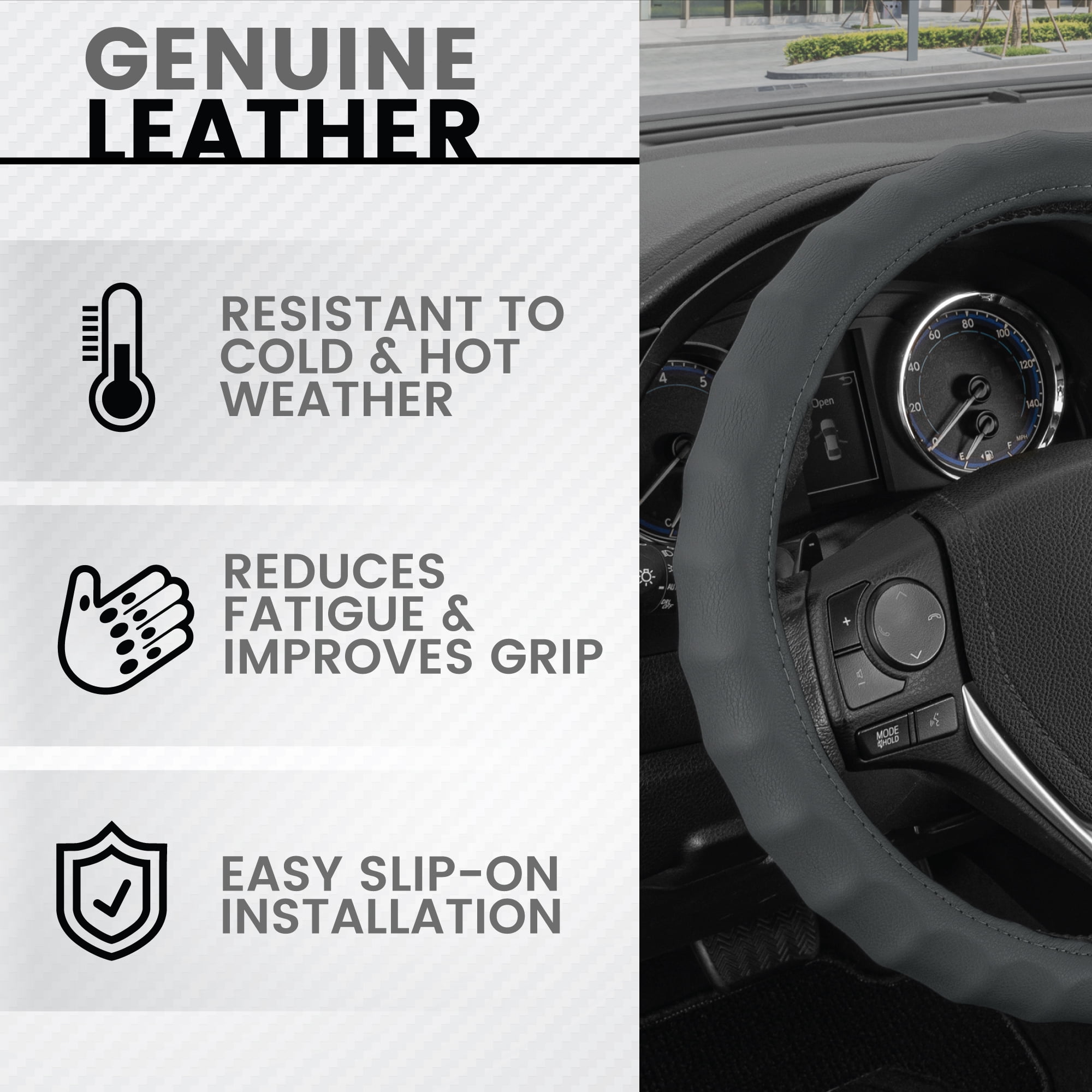 BDK Leather Car Steering Wheel Cover 13.5"-14.5" (Small/Gray) -Universal Fit, Easy Installation, Max Protection