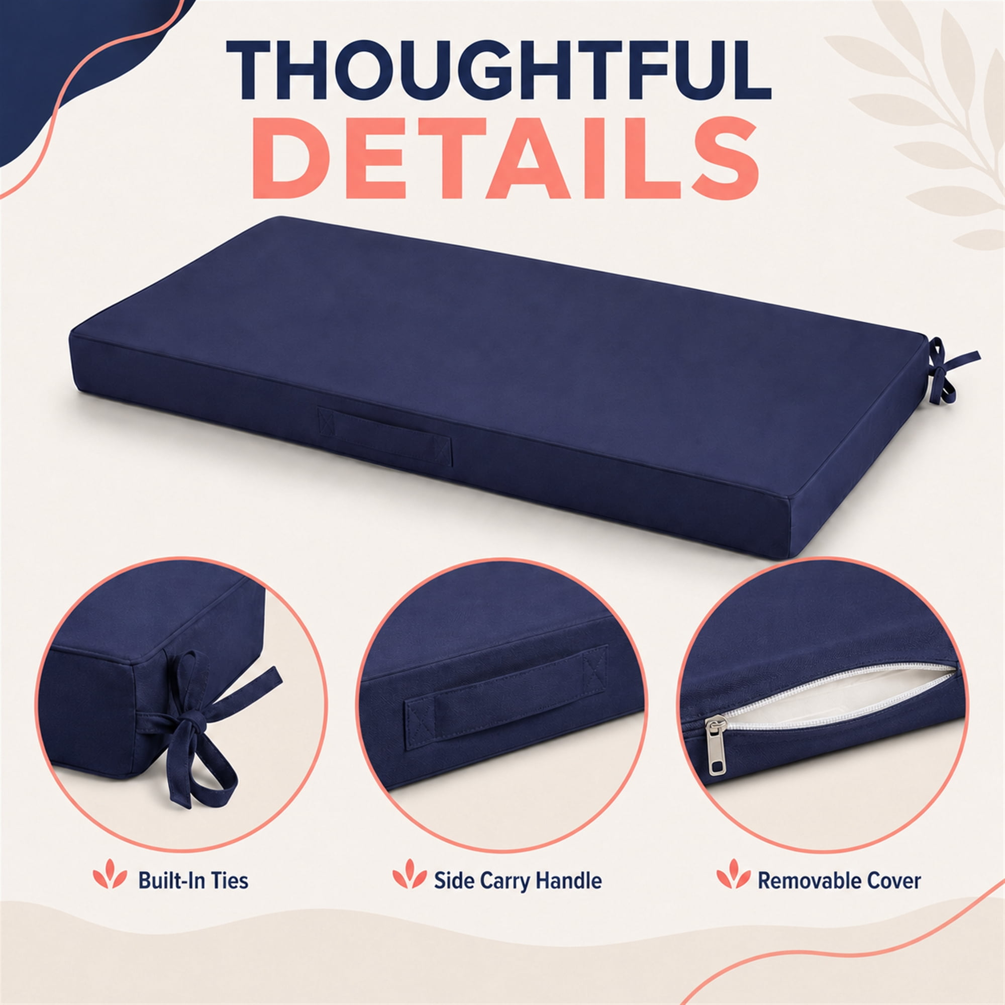 Millsilo 42" x 18" x 3" Outdoor Bench Cushion with Removable Cover, Water-Repellent UV Fade-Resistant Patio Cushion, High-Density Foam, Non-Slip Ties, Dark Blue