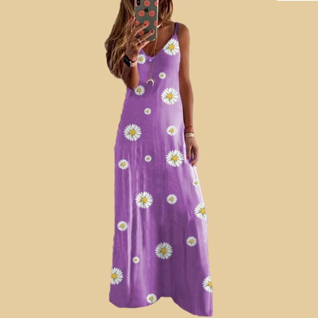 HKEJIAOI Robes Décontractées pour Femmes Robe d'Anniversaire Femmes Été Décontractée Imprimé Floral Amincissant Robe Longue de Soirée en Liquidation Violet