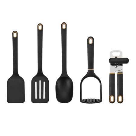 Beautiful Kitchen Utensil Set  5 Pieces  Including 3 Nylon Tools  Masher and a Can Opener by Drew Barrymore  Black Sesame