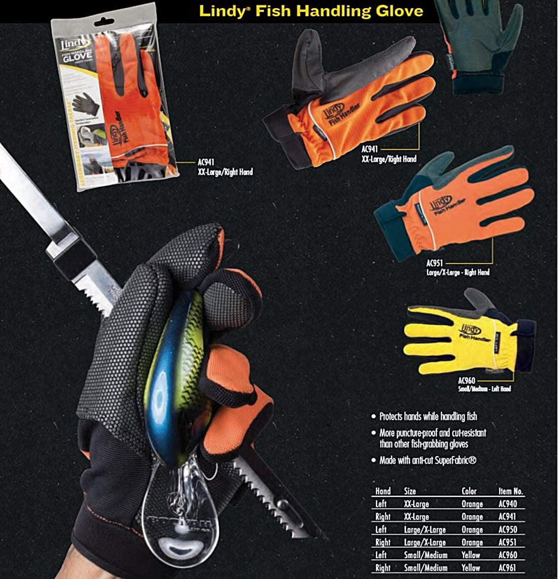 Lindy Fish Handling Glove Right Hand Fishing Lure Accessory Orange 