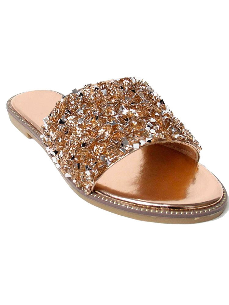 Lavra - LAVRA Womens Glitter Fancy Slide Flat Low Sandals Bling Rhinestone Shoes - Walmart.com 
