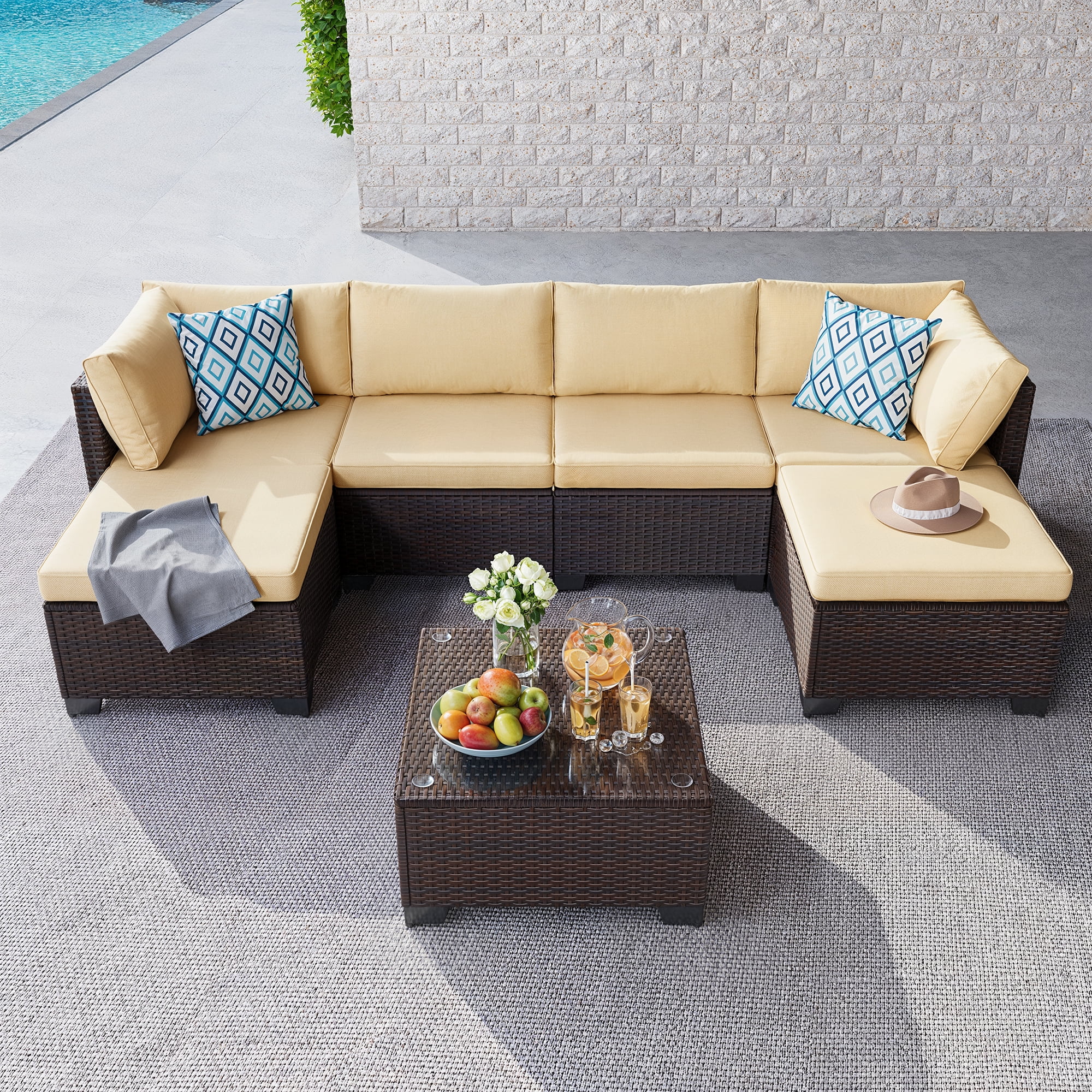 Aiho 7-Piece Outdoor Rattan Sofa Set for 6 with Tempered Glass Table - Patio, Garden & Backyard Furniture, Beige