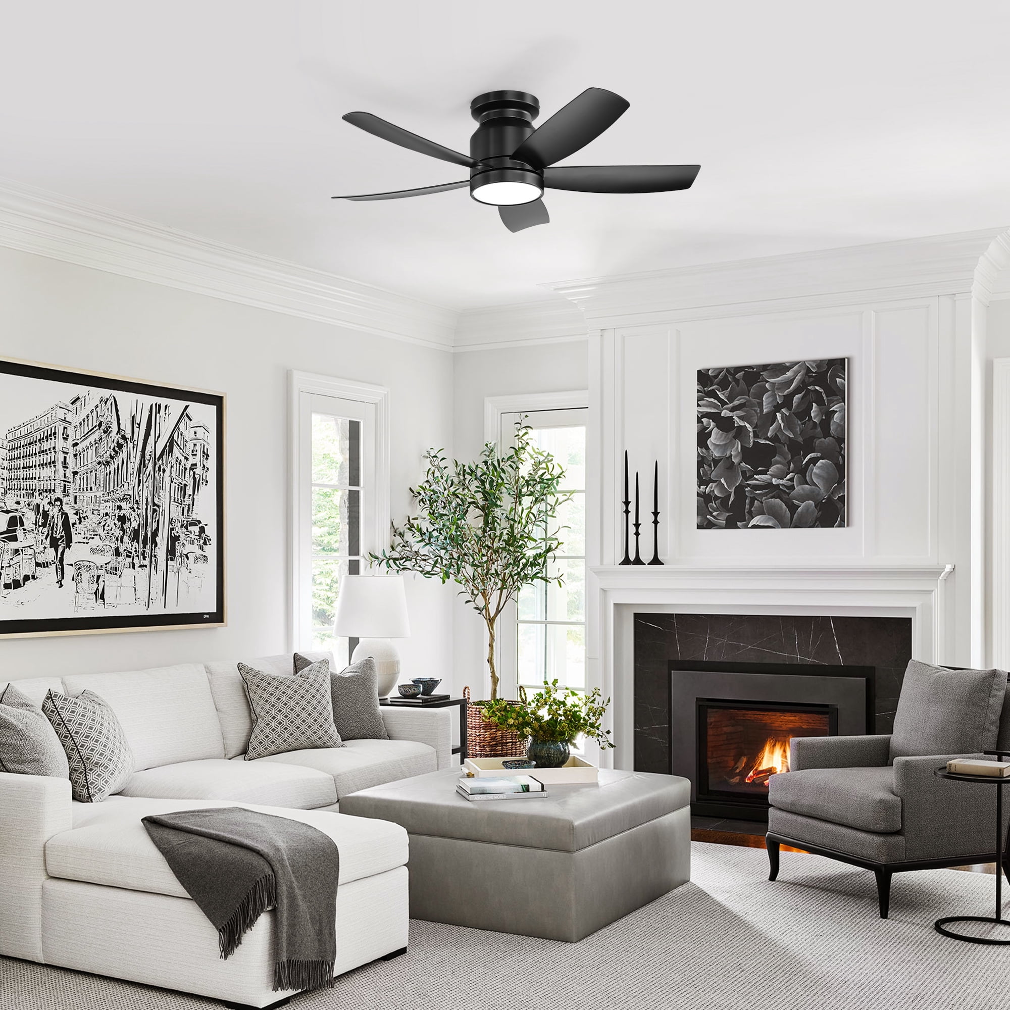 Izzovium 42 Inch Flush Mount Ceiling Fan with Remote, LED Light, 5 ABS Blades, Black, for Bedroom and Living Room