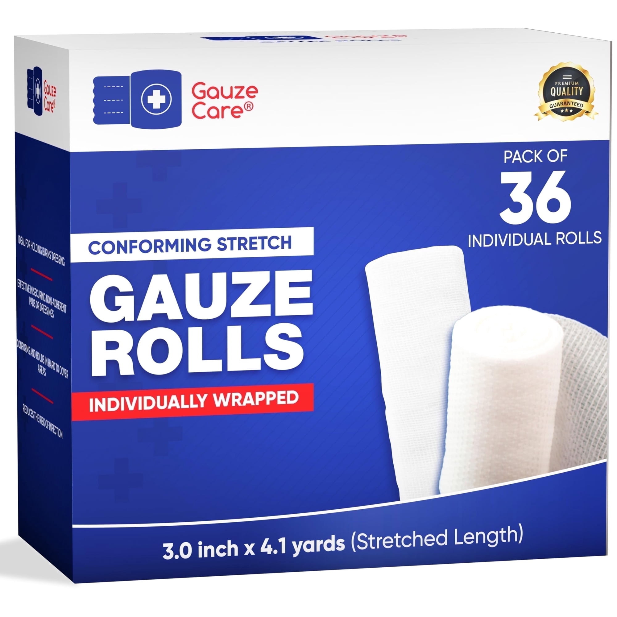 Gauze Rolls 36-Pack – 3" x 4.1 yd, Lint and Latex-Free, Conforming Stretch Bandages for First Aid and Wound Care