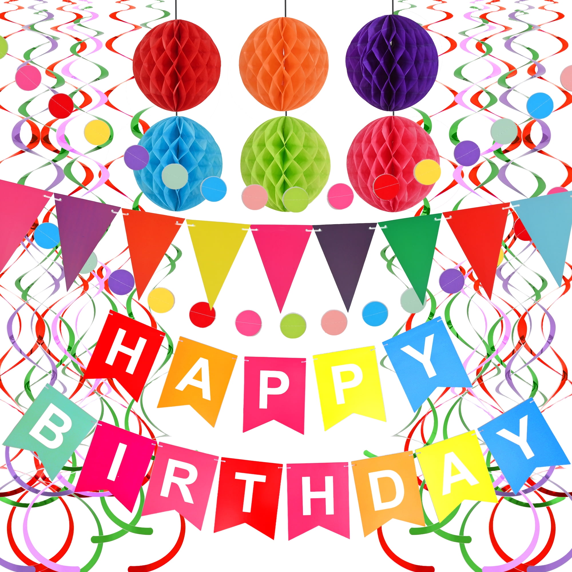 Happy Birthday Banner Decoration Rainbow Colorful Paper Flag Bunting Paper for Boys Girls, Garland Swirl Streamers Honeycomb Ball