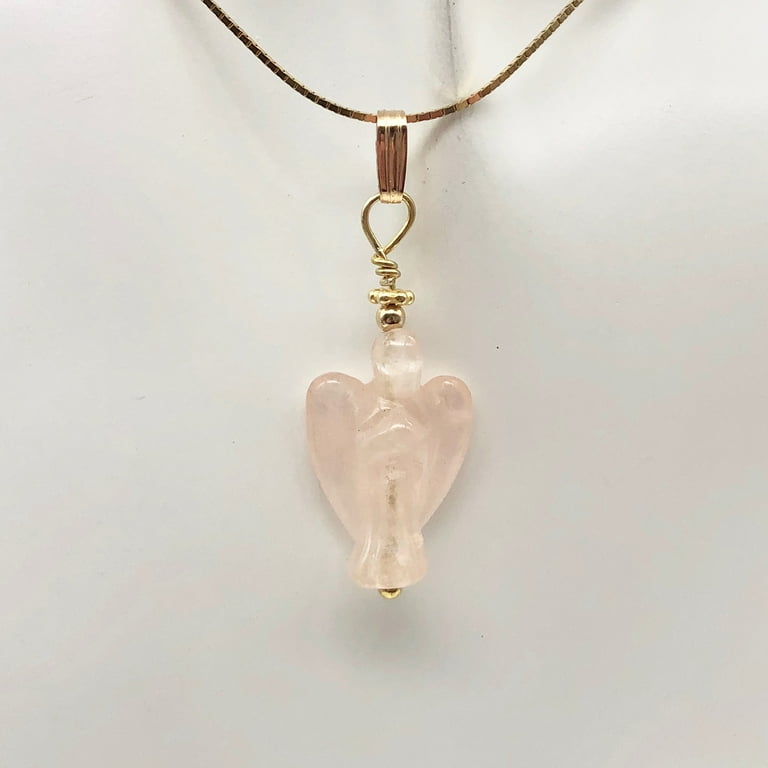Rose Quartz Angel Pendant Necklace Semi Precious Stone Jewelry 14kgf Pendant Adult Unisex Size 21x14x8mm Angel 5.5mm Bail Opening 1.5