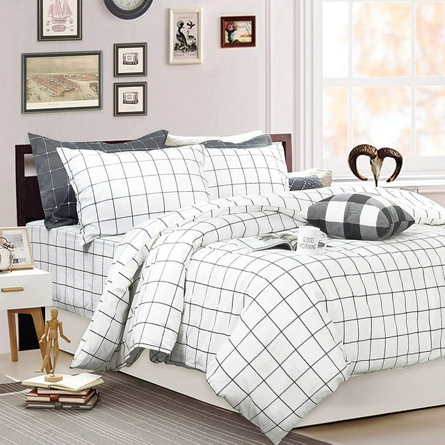 Black and White Grid Duvet Cover Sets Lightweight Cotton Bedding Set