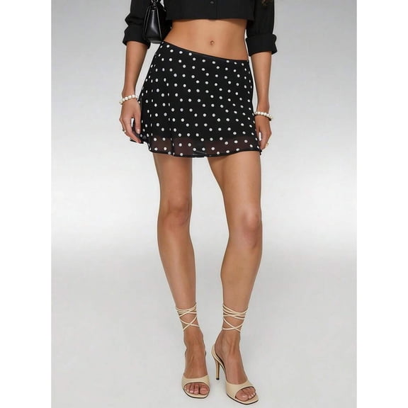 Black And White Polka Dot Sheer Chiffon Mini Skirt, Low Waist A-Line Wrap Skirt For Women