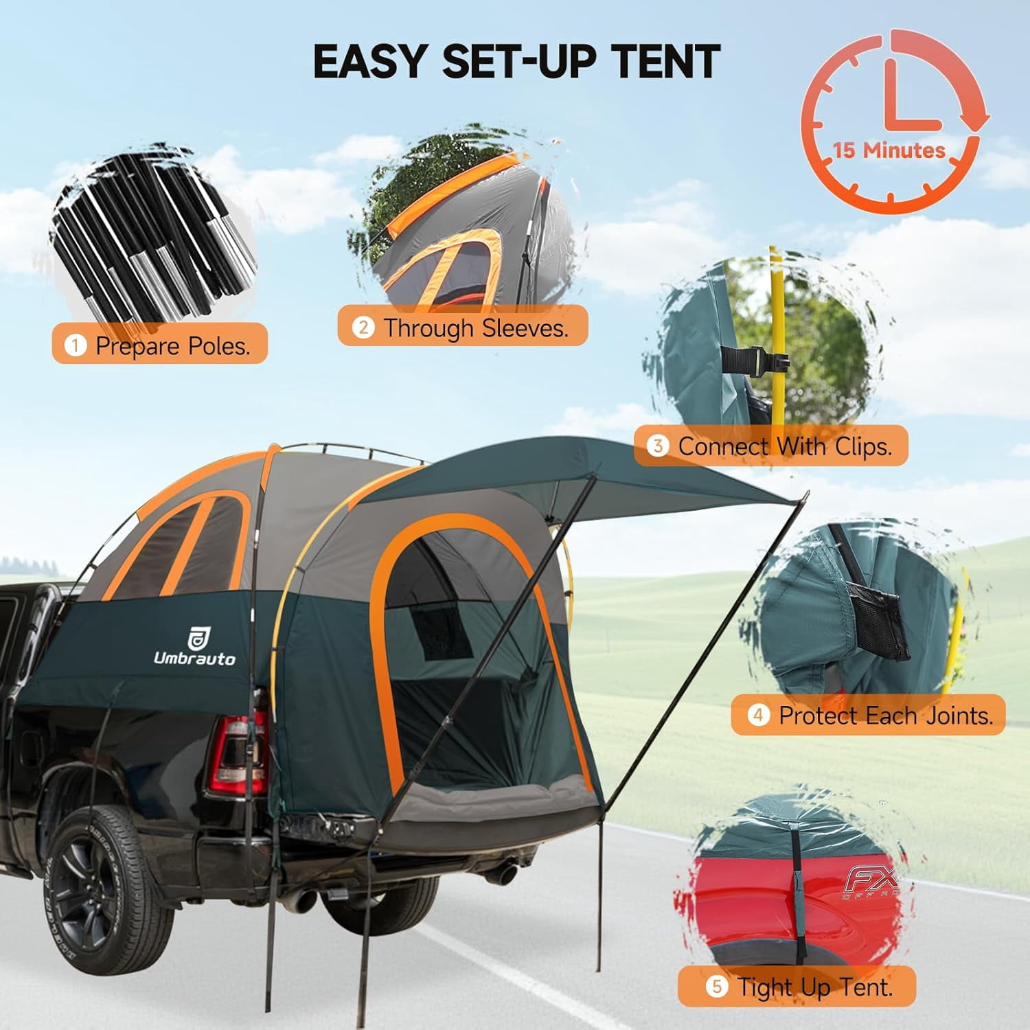 Truck Bed Tent with Awning: 5.5-5.8FT PU3000mm Waterproof Tailgate Pickup Truck Tents, Easy Set-up for 2 Person, Fits Full Size Short Bed, Chevy, Dodge, Ford, GMC, Green