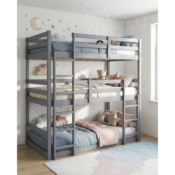 Sailvan Bunk Bed Twin over Twin over Twin with Two Built-in Ladders Guardrails, Wood, Detachable Triple Twin Bunk Bed