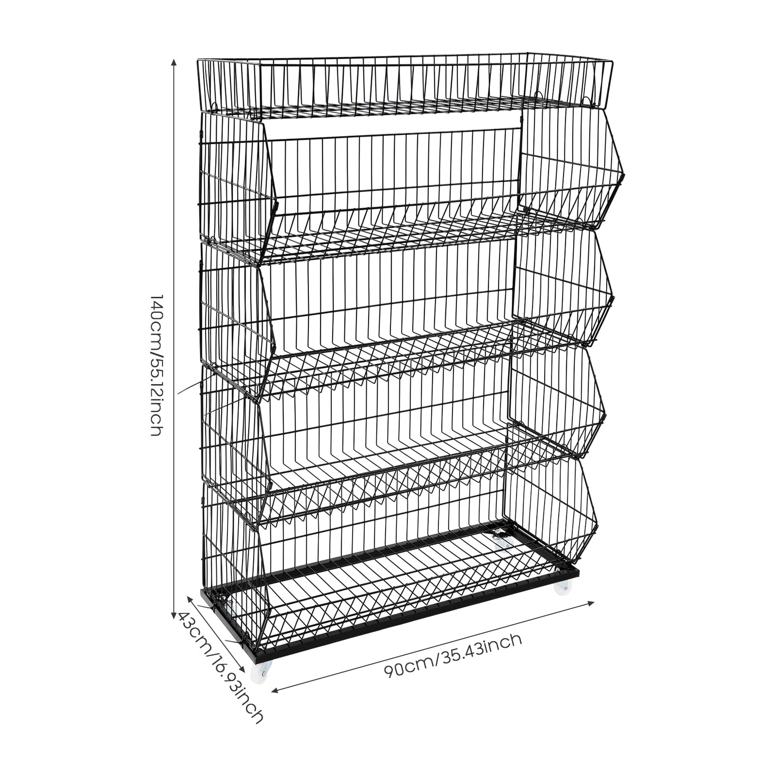 DUYIWAA 5 Layers Retail Display Rack Wire Grid Shelf Fruit Vegetable Snack Storage Basket with 4 Pulleys Black