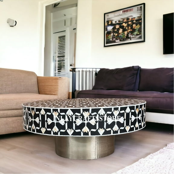 LAKECITY ARTS Mother of Pearl Lotus Design Coffee Table Black, Mother of Pearl Lotus Design Center Table Black, Mother of Pearl Round Coffee Table