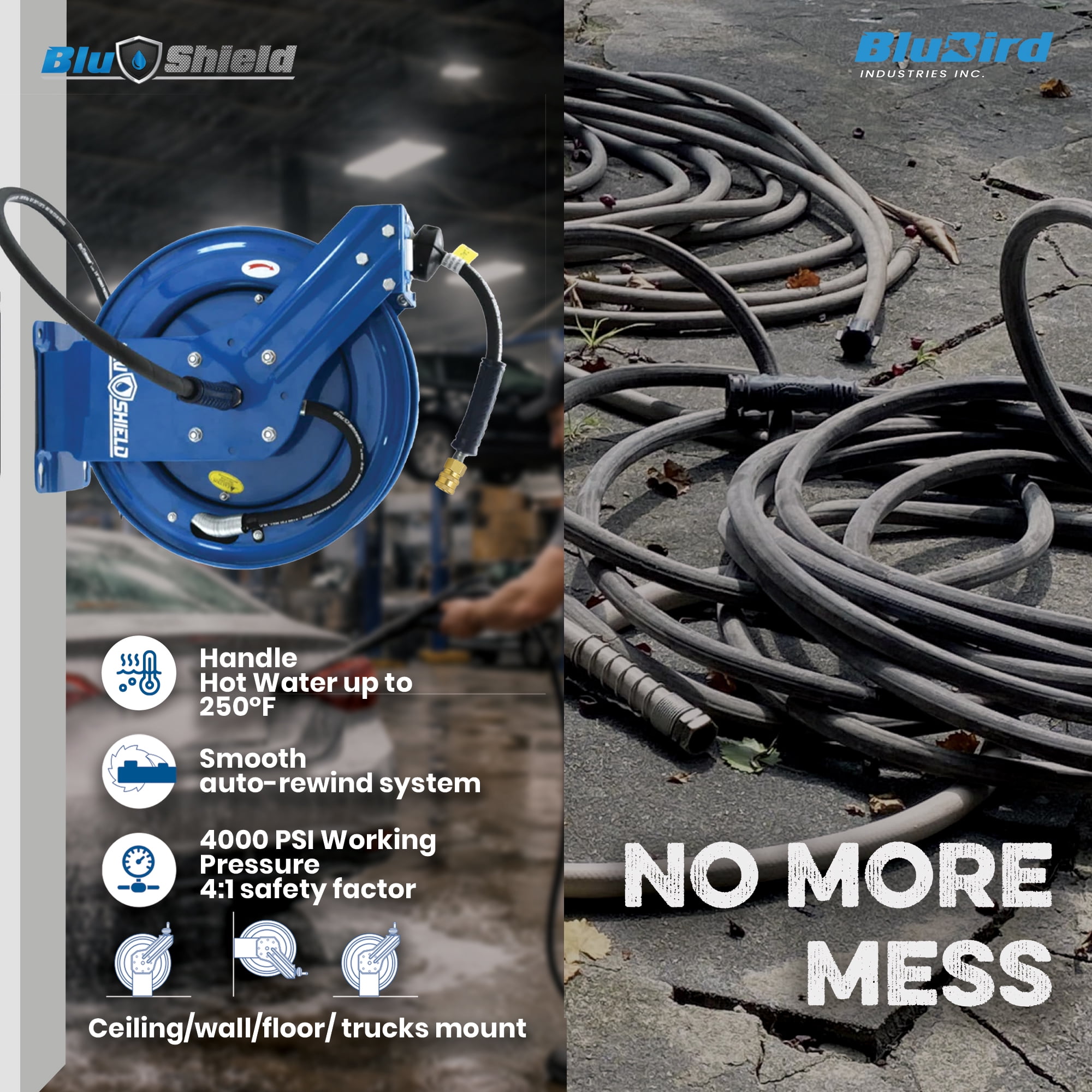 BluShield Pressure Washer Hose Reel with Aramid Braided Hose, 4100 PSi 6' Lead-in Hose, NPT, Lighter, Stronger, Flexible, 1-Year Warranty (3/8" x 50' w/Coupler Plug)