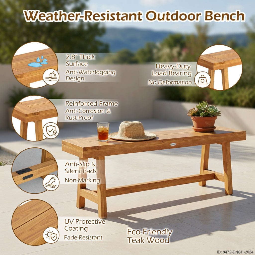 Hommoo 63" Teak Wood Bench, Sturdy Natural Solid Wood Seating for Dining Room, Entryway or Bedroom, Natural