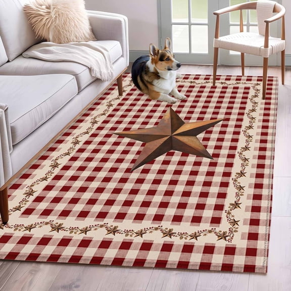 3'x5' Rug for Living Room Bedroom, Brown Western Texas Star Vintage Washable Area Rugs Non-Slip Carpet Mats, Rustic Farmhouse Red Plaid Indoor Low Pile Area Rug Runner for Kitchen, Mudroom