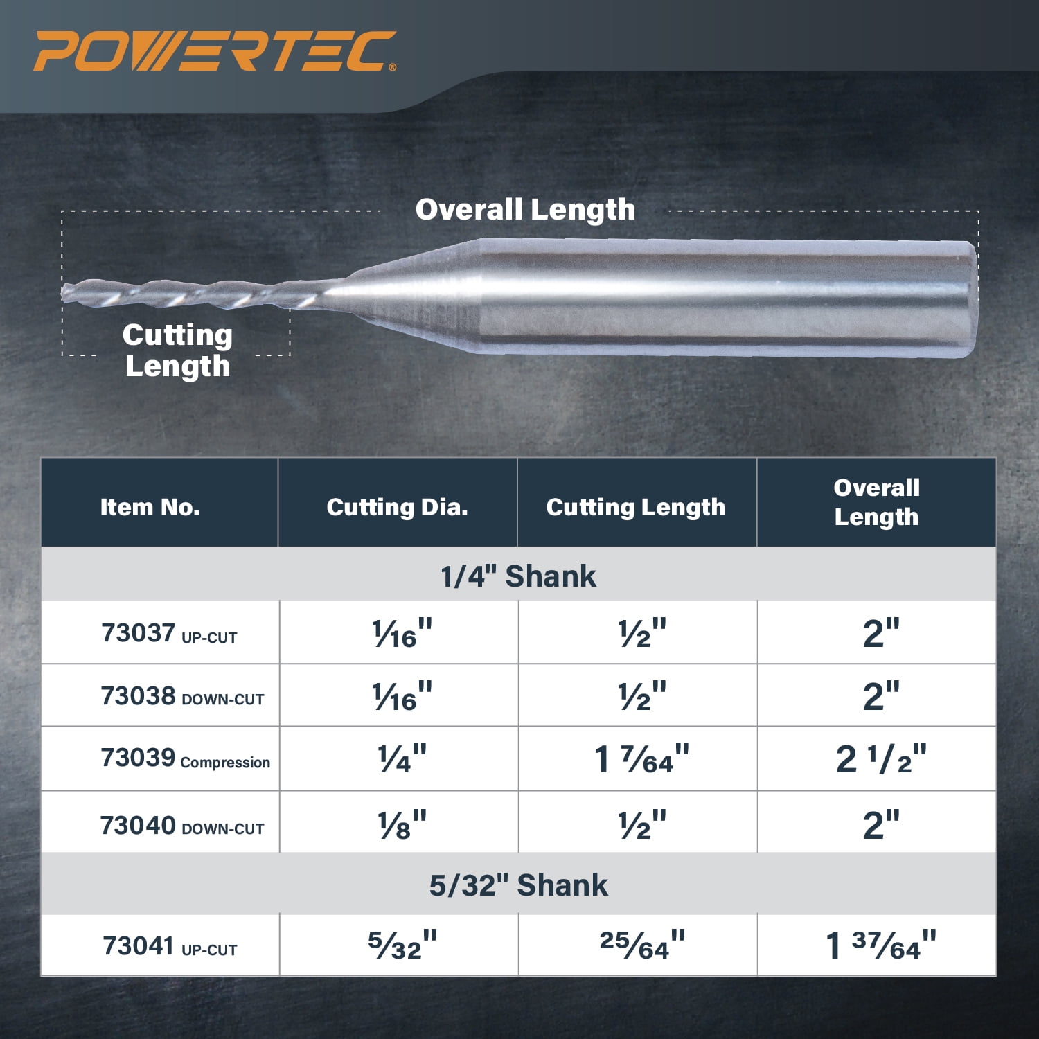POWERTEC Down Cut Spiral 1/16" Router Bit, 1/4" Shank Tungsten Carbide Router Bit with 1/2" Cutting Length & 2" Long. Fits CNC Router, Handheld Router, Router Table & Plunge Router, 4 PK, 73038-P4