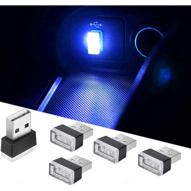 5 luces LED de ambiente azules para coche, luces enchufables de 5 V, minikit de iluminación ambiental interior para coches, portátiles y tomas USB